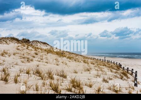 Un bianco dune di sabbia con erba che cresce in patch con un nuvoloso cielo blu. Foto Stock
