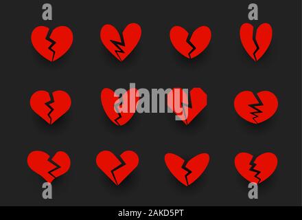 Il cuore spezzato raccolta di icone, cuore di crack, unlove simbolo. Il divorzio, relazione crisi, problemi familiari segni. Red icone vettoriali impostato su nero Illustrazione Vettoriale