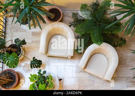 Interno del Hotel Pannonia, lounge con due beige poltrone in pelle e di piante in vaso top view, Sopron, Ungheria Foto Stock