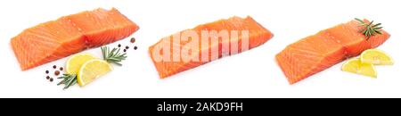 Filetto di pesce rosso Salmone con limone e rosmarino isolati su sfondo bianco. Impostare o raccolta Foto Stock