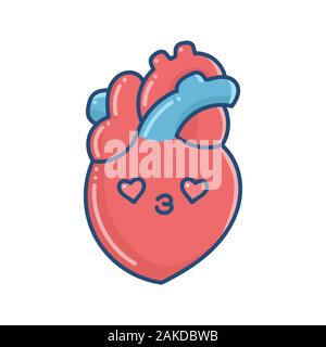 Kawaii sorridente cuore umano illustrazione isolato su bianco Illustrazione Vettoriale