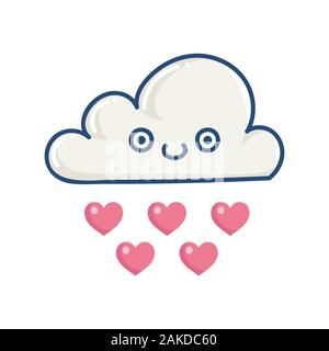 Kawaii cloud piove cuori illustrazione isolato su bianco Illustrazione Vettoriale