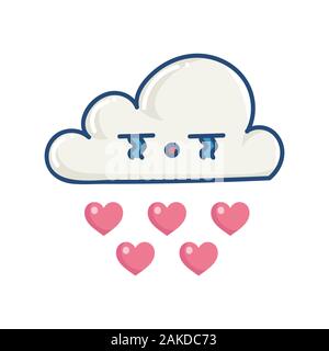 Kawaii triste cloud piove cuori illustrazione isolato su bianco Illustrazione Vettoriale