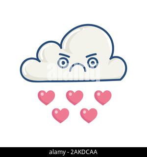 Kawaii arrabbiato cloud piove cuori illustrazione isolato su bianco Illustrazione Vettoriale