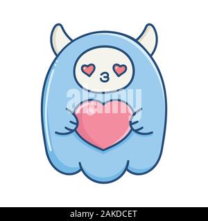 Kawaii blue valentine monster azienda cuore isolato su bianco Illustrazione Vettoriale