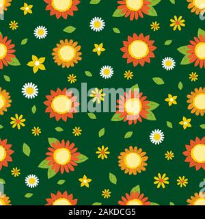 Vettore verde scuro testurizzato girasoli pen disegna la sequenza di ripetizione. Adatto per i tessili, confezione regalo e carta da parati. Illustrazione Vettoriale