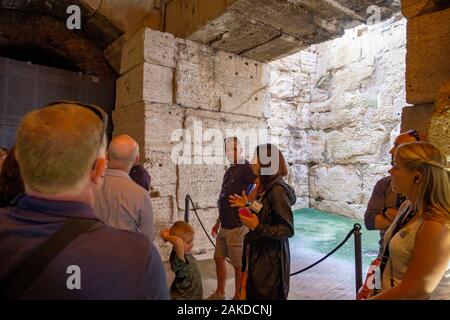 Visita guidata, tour guidato del Colosseo sotterraneo, Colosseo, Anfiteatro Flaviano, turisti, Colosseo Roma, Italia Foto Stock