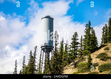 Un basso angolo di visione di una stazione di base cellulare torre nelle Montagne Rocciose Canadesi. Torre di montagna tra i pini con nubi sparse e cielo blu Foto Stock