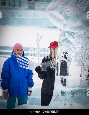 Harbin, la Cina della Provincia di Heilongjiang. Gen 8, 2020. Scultori lavoro a Harbin ed al Mondo del Ghiaccio e della Neve di Harbin, a nord-est della Cina di Provincia di Heilongjiang, 8 gennaio, 2020. Credito: Wang Song/Xinhua/Alamy Live News Foto Stock