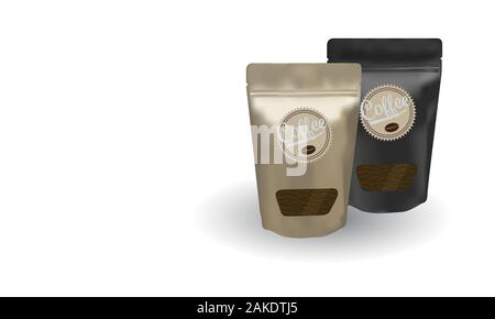 Confezione in oro e nero chiusura lampo in alluminio con chiusura lampo in chicchi di caffè e finestra trasparente su sfondo bianco per il design del prodotto Illustrazione Vettoriale