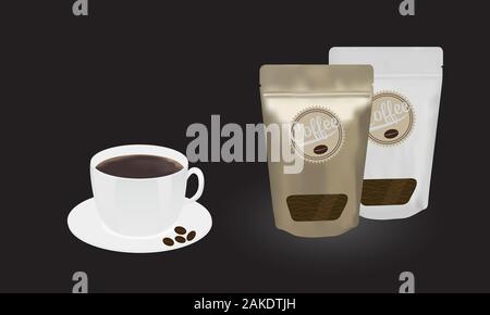 Confezione in oro e bianco busta in alluminio con cerniera lampo e caffè in grani con finestra trasparente e una tazza di caffè su fondo nero Illustrazione Vettoriale