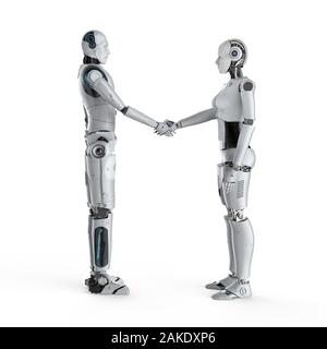 Il rendering 3D maschio e femmina di cyborg agitando a mano Foto Stock