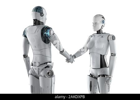Il rendering 3D maschio e femmina di cyborg agitando a mano Foto Stock