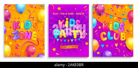 Set di Kids volantini per party, zona bambini, club. Illustrazione Vettoriale