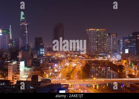 Skyline di Saigon (Ho Chi Minh City) a notte. Foto Stock