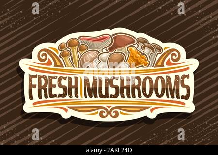 Il logo del vettore per i funghi freschi, decorativi taglio carta cartello con illustrazione del palo intero funghi commestibili e fiorisce, segnaletica con spazzola t Illustrazione Vettoriale