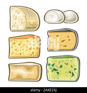 Set di vettore di formaggio fresco, raccolta di 6 tagliare illustrazione del variegato mix formaggi su sfondo bianco. Illustrazione Vettoriale