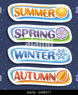Set di vettore per quattro stagioni, 4 tagliati orizzontale segni stagionali con spazzola tipografico, estate con il caldo sole invernale blu con fiocco di neve, molla con f Illustrazione Vettoriale