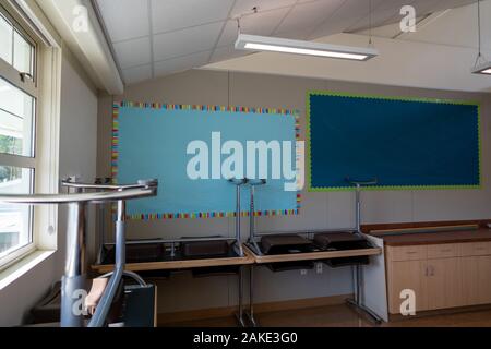 Angolo della classe vuota con tavoli e poster vuota prima dell anno scolastico Foto Stock