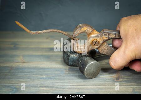 Maschio di mano che tiene il vecchio arrugginito impugnature e piegato lungo corroso chiodo su una tavola in legno rustico in una vista ravvicinata Foto Stock