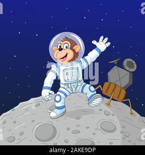 Cartoon monkey astronauta sulla luna Illustrazione Vettoriale