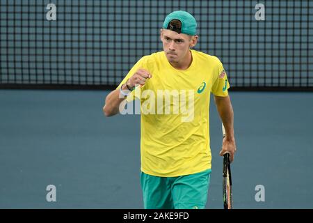 Sydney, Australia. 9 gennaio 2020; Sydney Olympic Park Tennis Center, Sydney, Nuovo Galles del Sud, Australia; ATP Cup Australia, Sydney, giorno 7; Gran Bretagna contro Australia; Jamie Murray e Joe Salisbury di Gran Bretagna versus Nick Kyrgios e Alex de Minaur dell Australia; Alex de Minaur dell Australia reagisce durante la sua partita raddoppia con Nick Kyrgios dell Australia contro Jamie Murray e Joe Salisbury di Gran Bretagna - Editoriale usare carte di credito: Azione Plus immagini di sport/Alamy Live News Foto Stock