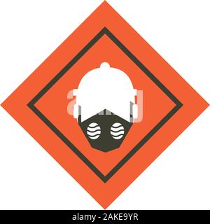 Uomo con maschera all'interno arancione design banner, inquinamento ambiente di fabbrica sporca pericolo impianto industria chimica e tema tossici illustrazione vettoriale Illustrazione Vettoriale