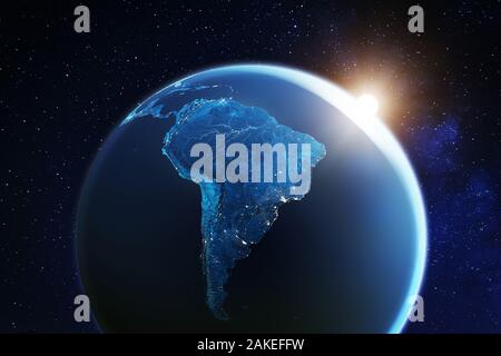 Sud America visto dallo spazio con sunrise sul pianeta Terra e stelle, panoramica del Rio delle Amazzoni e foresta, di notte le luci dalla città in Brasile, Argen Foto Stock