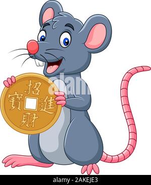Funny cartoon ratto come simbolo del nuovo anno 2020 azienda moneta in oro. Traduzione Cinese : Felice anno nuovo cinese Illustrazione Vettoriale