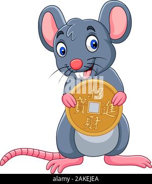 Funny cartoon ratto come simbolo del nuovo anno 2020 azienda moneta in oro. Traduzione Cinese : Felice anno nuovo cinese Illustrazione Vettoriale