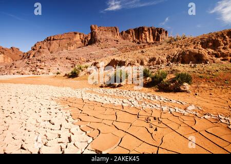 Asciugò il letto del fiume in Anti atlante del Marocco, Africa del Nord. Aprile 2012. Negli ultimi anni le precipitazioni totali sono ridotti di circa il 75% come risultato dei cambiamenti climatici. Foto Stock