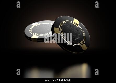 Un set di due nero riflettente casino chip con iscrizioni in oro galleggianti in aria al buio su un sfondo di classe - 3D render Foto Stock