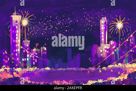 Immagine che mostra la costruzione e i fuochi d'artificio per Felice anno nuovo Foto Stock