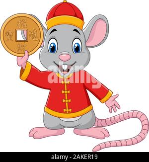 Cartoon rat in cinese tradizionale costume tenendo moneta in oro. Traduzione Cinese : Felice anno nuovo cinese Illustrazione Vettoriale
