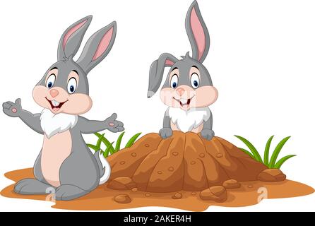 Cartoon due conigli nel foro Illustrazione Vettoriale