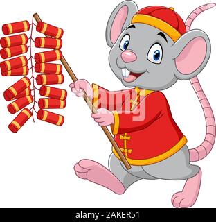 Cartoon rat in cinese tradizionale costume holding petardo. Anno Nuovo Cinese. Anno di ratto. Illustrazione Vettoriale