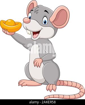 Cartoon holding di ratto di lingotto d'oro. Anno Nuovo Cinese. Anno di ratto. Illustrazione Vettoriale