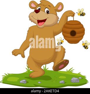 Cartoon bear holding beehive sull'erba Illustrazione Vettoriale