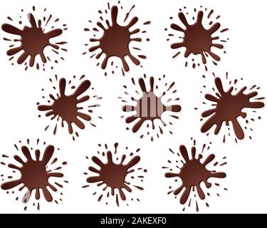 Spruzzi di cioccolato con gocce, Blot; Splash di caldo fondente o al latte da cacao; icona Vettore e set di banner Eps8 Illustrazione Vettoriale