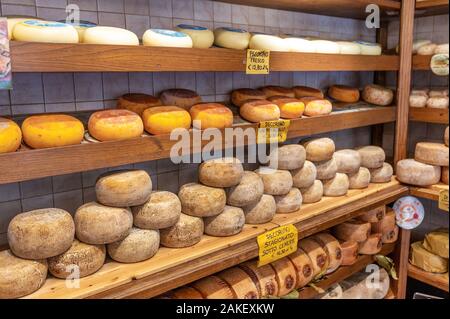 Fine tradizionale formaggio e vino cantina a Pienza, Toscana dell'Italia. Foto Stock