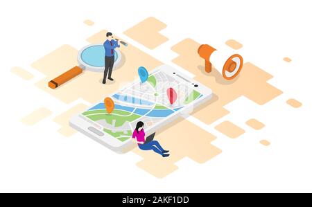 Scopri il nuovo luogo l uomo e la donna con mappe digitali e un marcatore ricerca con stile isometrico illustrazione Foto Stock