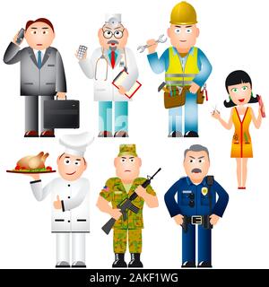 Insieme di persone di diverse professioni professioni. Imprenditore, medico, lavoratore, chef, parrucchiere, soldato, officer, poliziotto. Illustrazione Vettoriale Illustrazione Vettoriale