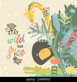 Cartoon carino animali seduto sull'erba. Lion, coccodrillo, giraffe Illustrazione Vettoriale
