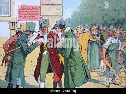 Reazioni in berlin dopo la sconfitta del twin battaglie di Jena e di Auerstedt, che sono state combattute su 14 Ottobre 1806 sull'altopiano occidentale del fiume Saale oggi in Germania, tra le forze di Napoleone I di Francia e Federico Guglielmo III di Prussia / Reaktionen in Berlin nach der Niederlage der Zwillingsschlachten von Jena und Auerstedt, die am 14. Oktober 1806 auf dem Plateau westlich der Saale im heutigen Deutschland zwischen den Kräften Napoleone I. von Frankreich und Friedrich Wilhelm III. Von Preußen ausgetragen wurden, digitale migliorata la riproduzione di un originale del XIX ce Foto Stock