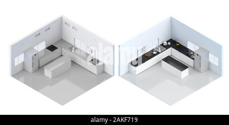 Di rendering 3D Interni Cucina con bancone e isometrica frigorifero Foto Stock