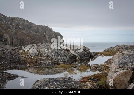 Vista della costa groenlandese vicino Qaqortok con iceberg all'orizzonte Foto Stock