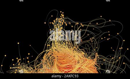 Ritorto linee cosmica o stringhe in uno spazio nero. Bella volute, luminoso riccioli di turbolenza . Fluido e astronomia liscia struttura a vortice. 3D render Foto Stock