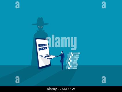 businessman pagare denaro tramite smartphot con shadow spy password login vettore Foto Stock