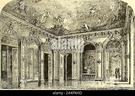 Gazette des Beaux Arts. . Avec une cheminée incrustée de cuivre. Le vestibolo dentrée, soutenupar des pilastres dordre composito, était autrefois orné dune voûteà compartiments où Briard avait retracé les Travaux dHercule. Onvoit encore au plafond dune petite pièce qui servait de boudoir, lestraces effacées darabesques peintes sur les dessins de Wailly larchitectede qui avait été chargé Sous Louis XVI, par le comte I. Voir la gravure de ce salon par la Mercade, dans lArchitecture de G. Bof-frand. LART DECORATIF DANS LE VIEUX PARIS. 2G3 dArgenson, de moderniser la décoration de la chancellerie. Foto Stock