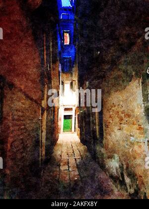 Acquerello rappresenta un vicolo buio nel centro storico di Venezia Foto Stock